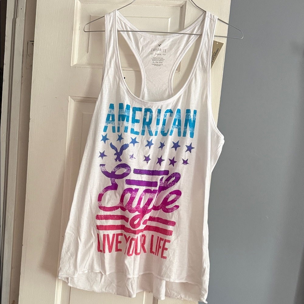 American Eagle Outfitters White Tank Top with Blue and Purple Graphic